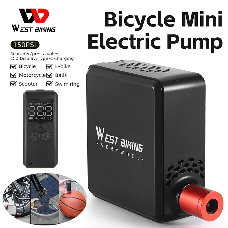 

WEST BIKING Mini Electric Bike Pump 150PSI Portable Air Compressor Pressure Display Car Motocycle MTB Road Bike Tire Inflator