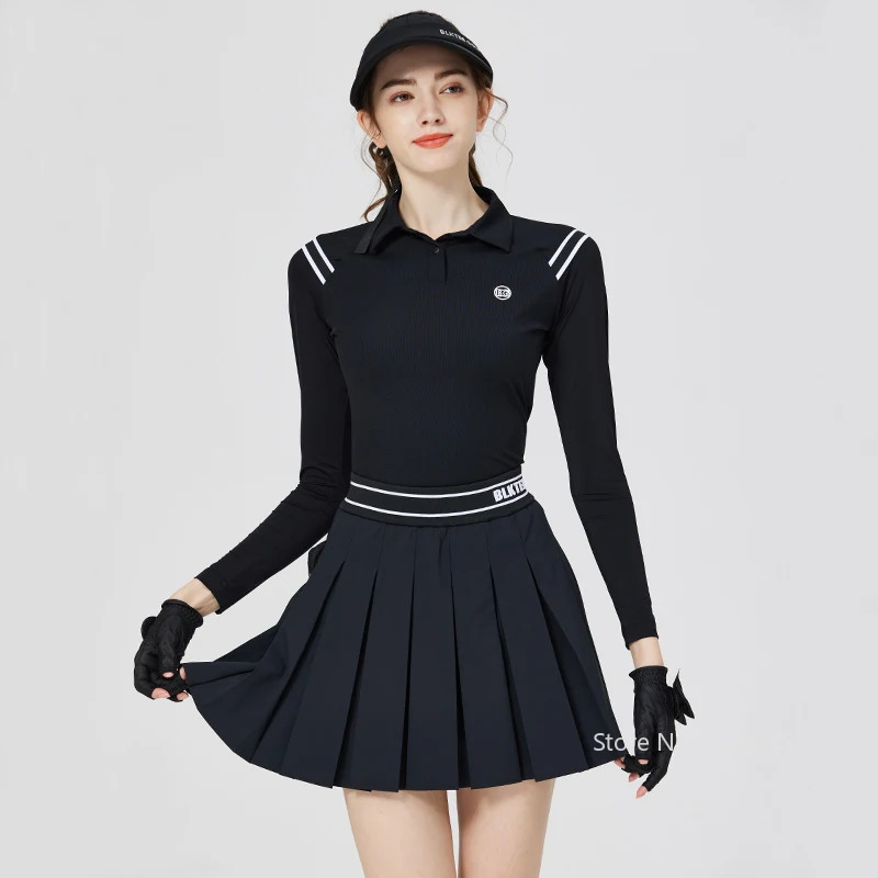 Golf Polo Shirts Women Long-sleeved T-shirt Ice Silk Sunscren Top Pleated Skirt High Waist Golf Skirts Bag New Blktee