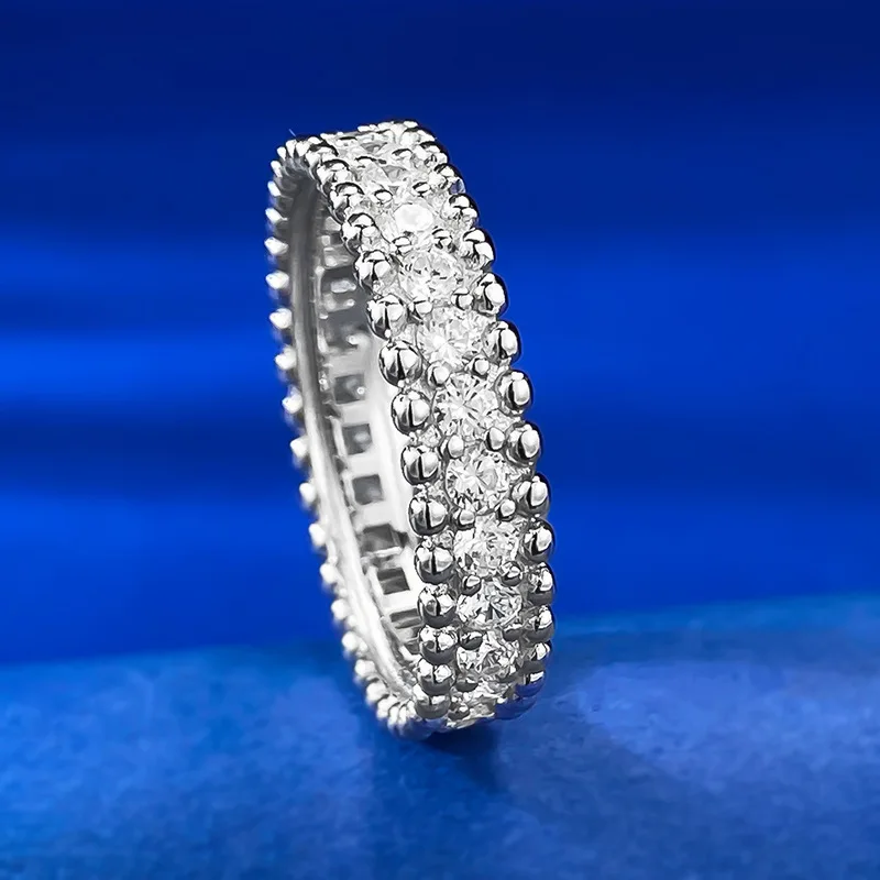 

925 Silver Simple Narrow Edition Single Row Diamond Full Sky Star Bead Edge Ring for Female Couples