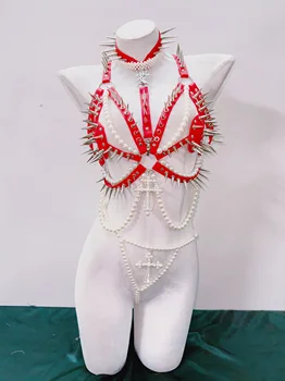 Spikey Red and Faux Pearl Harness Top and Panties Set 2