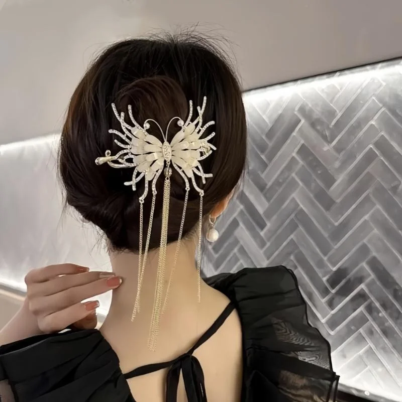 Fashion Retro Women's Butterfly Chain Tassel Rhinestone Hairpin Sweet and Spicy Cool Dark Wind Women's Hair Accessories Hairpin