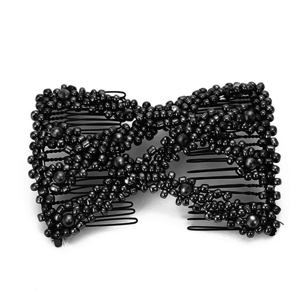 Women Hair Hairpin Magic Twist Rhombus Beads Hair Side Combs Pearl Stretchy Beaded Hairpin Bow Double Stretching Hairstyle Clip