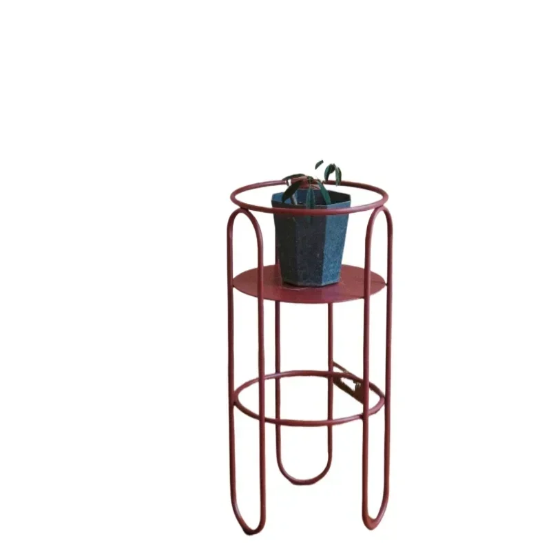 Vintage Red Plant Pot Stand, Indoor Minimalist Storage Shelf, Balcony Wrought Iron Flower Rack, Versatile Scene Decoration