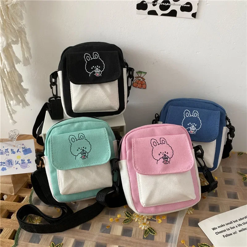 

Canvas Womens Phone Bag Cartoon Printed Shoulder Messenger Bag Fashion Hit Color Flap Purse Casual Handbag Female Shopping Bag