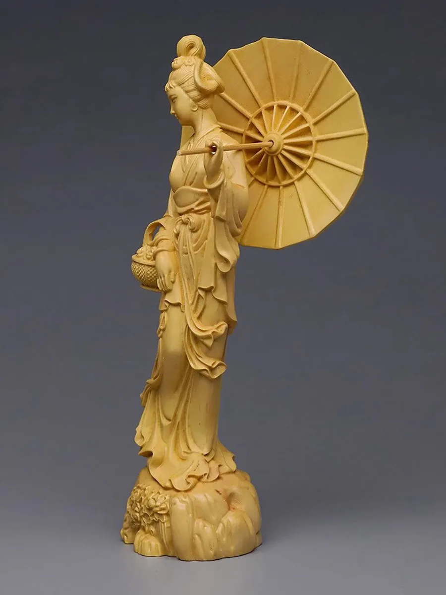 Wooden carving umbrella, beautiful woman, solid wood ornament,birthday celebration home, living room, study decoration, gift