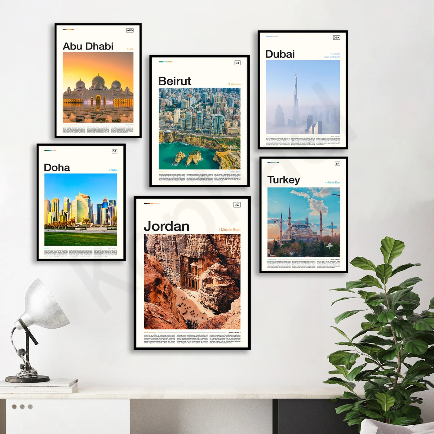 Muscat Jordan Abu Dhabi Beirut Cappadoccia Dubai Dubai Doha Libano Tel Yaquai Turchia Cipro. Poster Paesaggistico Da Viaggio In Città
