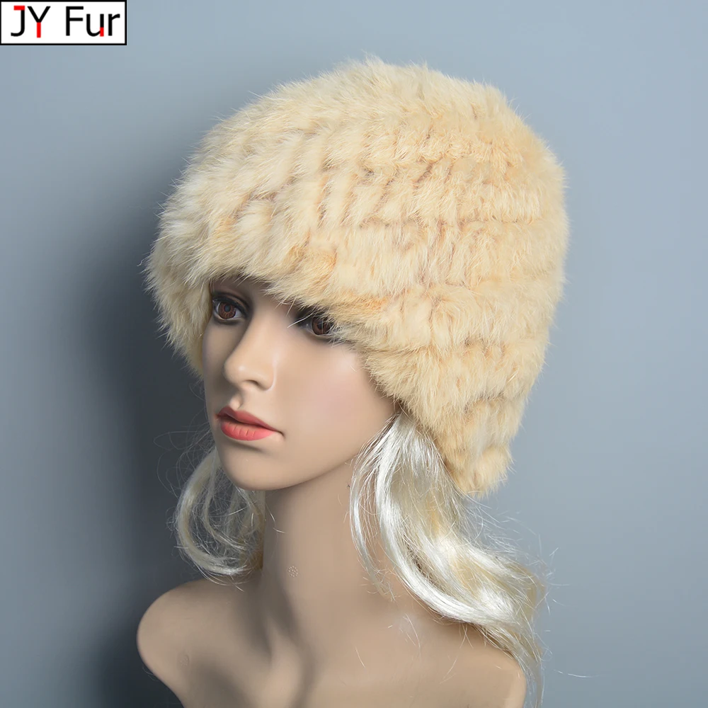 Russian Women Good Elastic Real Rabbit Fur Skully Hat Lady Winter Warm ...