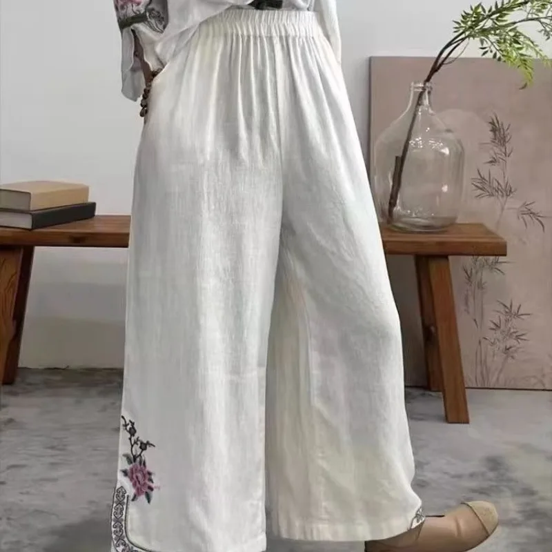 2024 Women's Spring Summer Retro Embroidery Elastic Cotton Hemp Temperament Versatile Casual Loose Crop Pants Wide Leg Pants