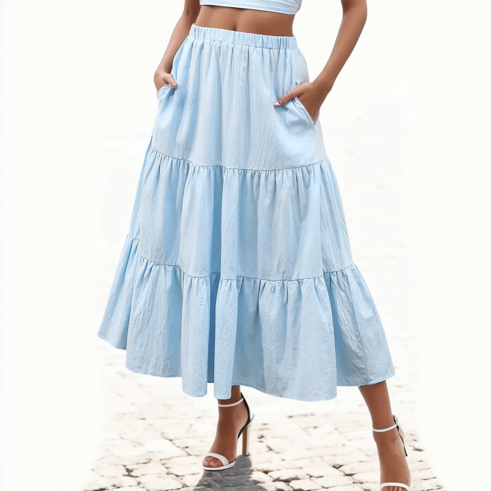 

Women’S Bohemian Skirt Long Swing Pleated Elastic Waist Beach Skirt With Pockets Summer A Line Solid Female Elegant Midi Skirts