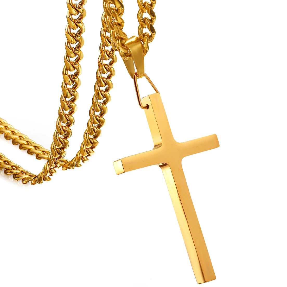 Granny Chic Gold Tone Jesus Cross Pendant Necklace 316L Stainless Steel Curb Cuban Link Chain 6mm Wide 20-36inch