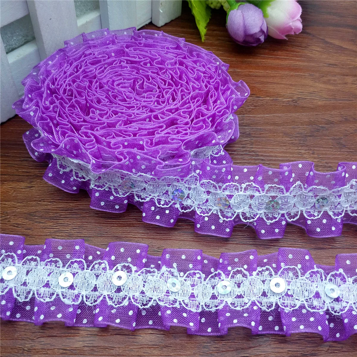 Gathered organza Lace sequined Trim DIY lace fabric organza butterfly accessories 1/ 3/ 5 yards2-Laye