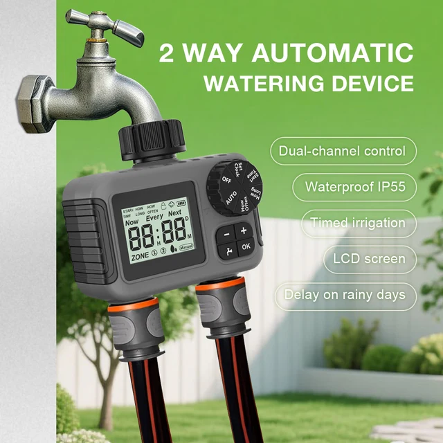 3/4" 2 Way Automatic Water Timer Intelligent Irrigation Watering System Sprinkler Timer Garden Programmer Equipment IPX5 2