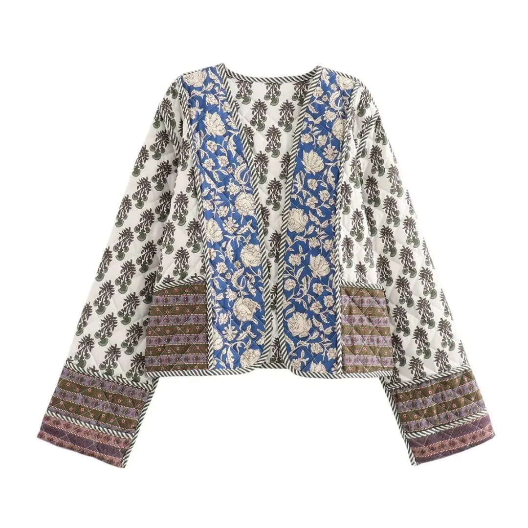 thumbnail image 1 of HH TRAF Chaqueta de algodón acolchada con estampado de doble cara y botonadura simple para mujer, cárdigan informal elegante y único, abrigo cálido, 1 of 4