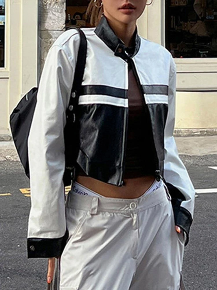 

Women Contrast Black White Print Leather Jackets Korean Street Stand Collar Pu Leather Motorcycle Coat Fashion Zipper Short Tops