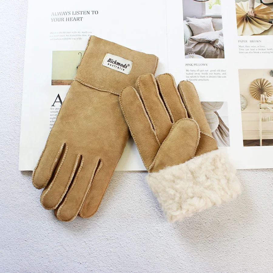 Women's Thickened Winter Sheepskin Fur Gloves Windproof Warm Outdoor Motorcycle Riding Color Leather Finger Gloves