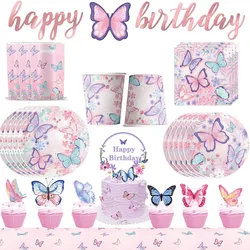 Pink Butterfly Tableware Plates Cups Napkins Tablecloth Cake Topper Gift Bags Birthday Banner Butterfly Birthday Decor
