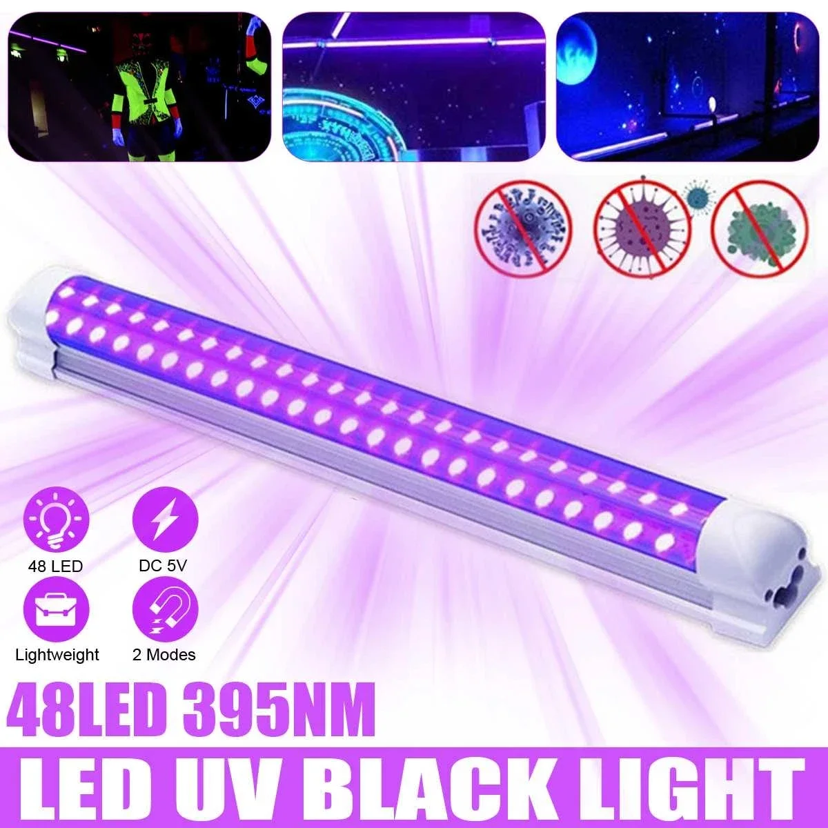 LED UV Ultraviolet Strip Tube Light Bar 48 Leds Party Lamp Blacklight USB Portable Party Lamp Glow in the Dark 385-400nm Light