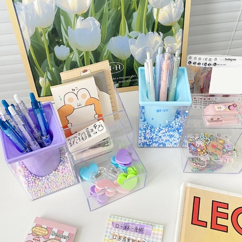 

Stylish Acrylic Desk Pen Holder Stationery Storage Box with Divided Drawers
