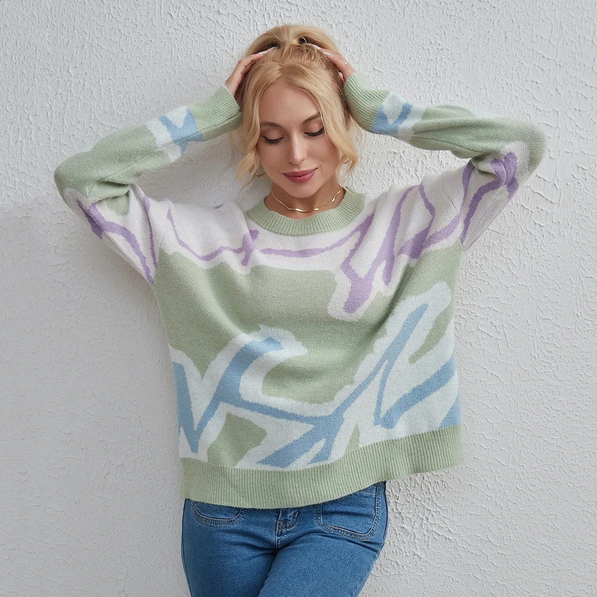 

2023 autumn and winter European and American new products fashion contrast color line sweater casual OL fashion pullover women