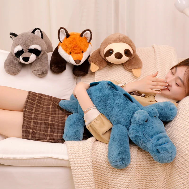 

45-65cm Lazy Animal Plush Toy Fluffy Lying Pillow Stuffed Racoon Fox Sloth Backrest Sleeping Doll Room Decro
