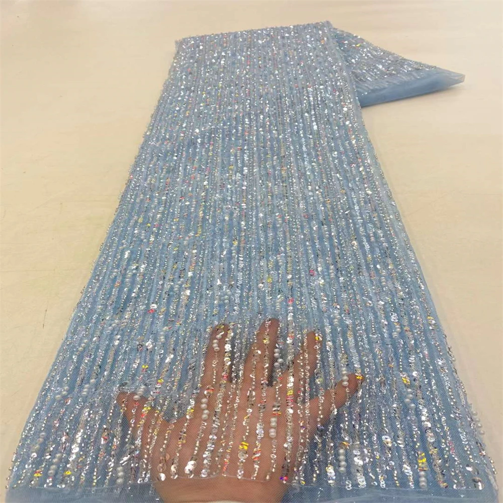 

High Quality Elegant French Mesh Sequins Lace Fabric African Embroidery Nigerian Beads Fabric For Wedding Party Dress