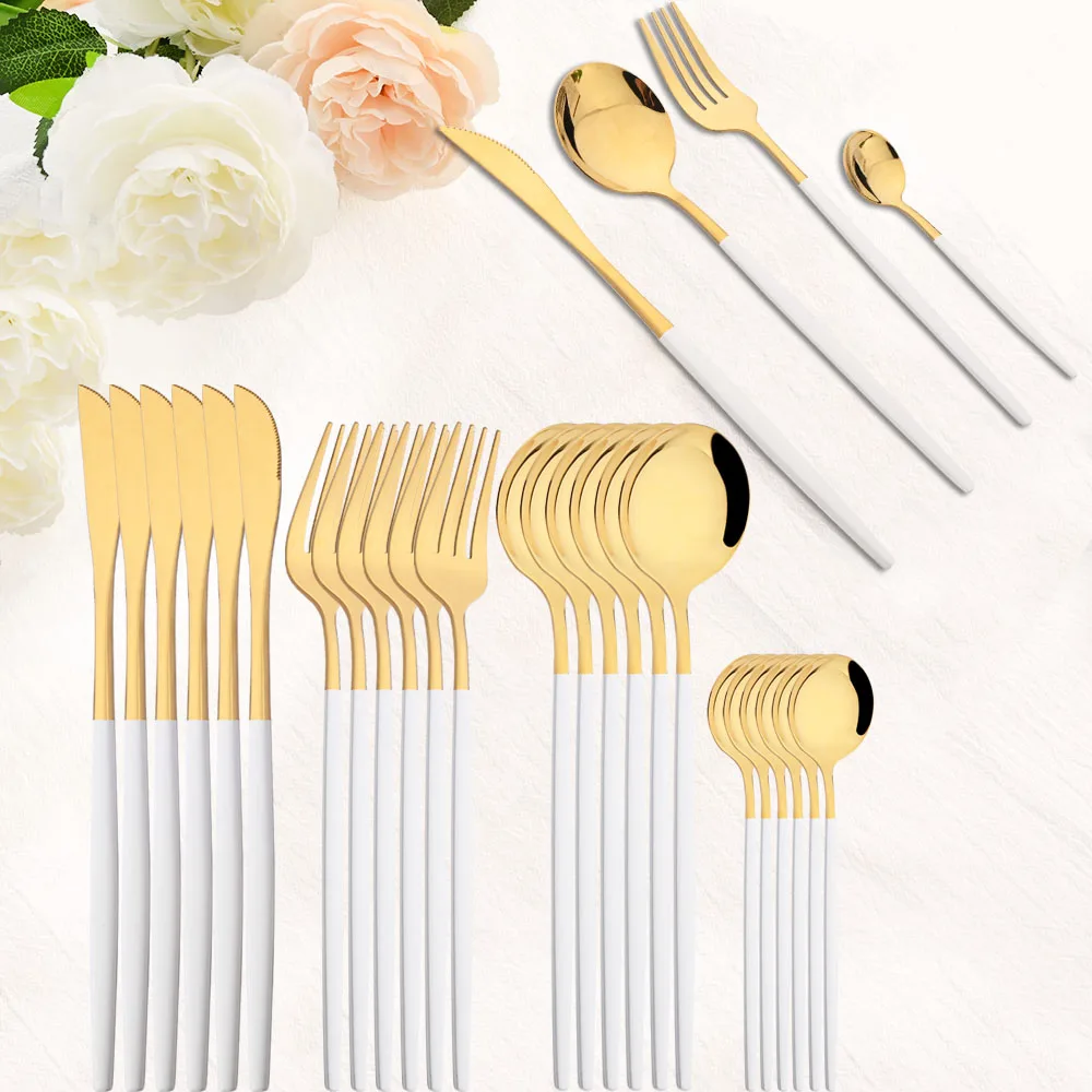 

Drmfiy Mirror Dinnerware Set 24P White Gold Stainless Steel Tableware Knife Fork Spoon Flatware Set Dishwasher Safe Cutlery Set