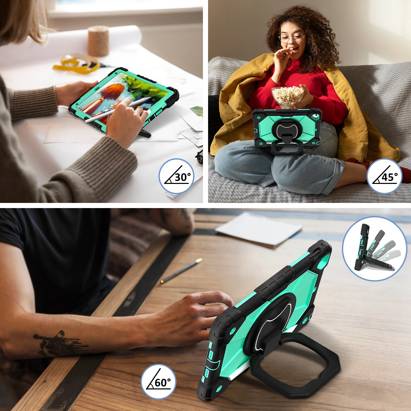 Rugged 360° Rotating Tablet Case with Stand and Shoulder Strap