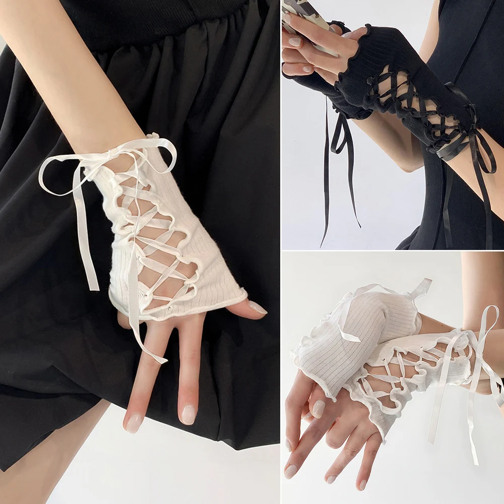 

Women Lace Lolita Bandage Fingerless Gloves Black Gothic Strapping Sunscreen Sleeve Elastic Mesh Punk Gloves Clothes Accessories