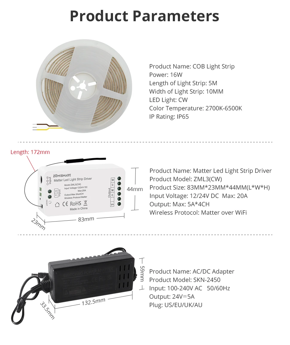 COB Led Strip Light CCT IP65 Matter WiFi Led Driver Alexa Google Home Smartthing