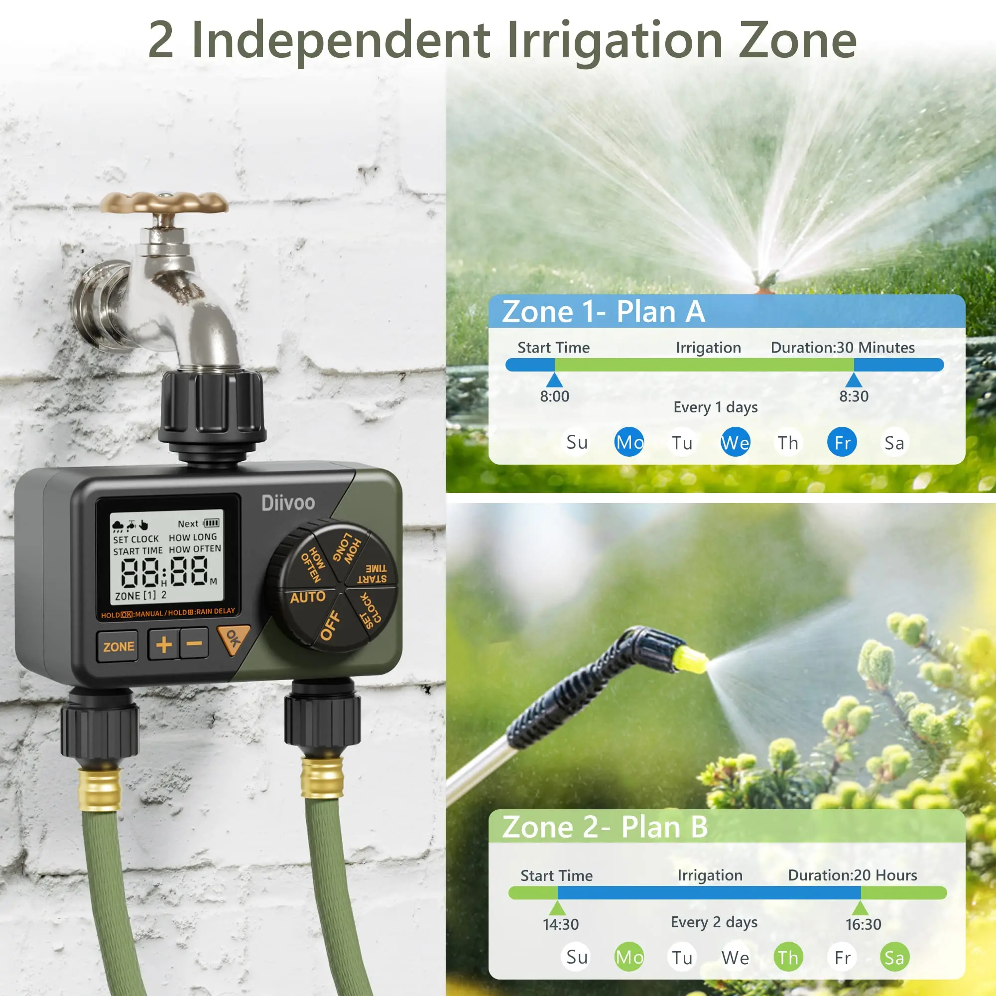 

Diivoo 2 Zones Multi-Functional Sprinkler Timer, Programmable Water Timer with Child Lock and Automatic Irrigation System