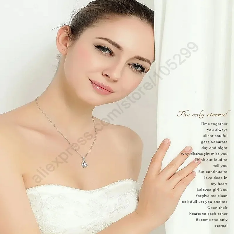 Glänzendes 925 Sterling Silber Wassertropfen Kristall Zirkon Halsketten- und Ohrring-Set für Damen und Mädchen, Verlobungs- und Party-Schmuckgeschenke – Detail 5