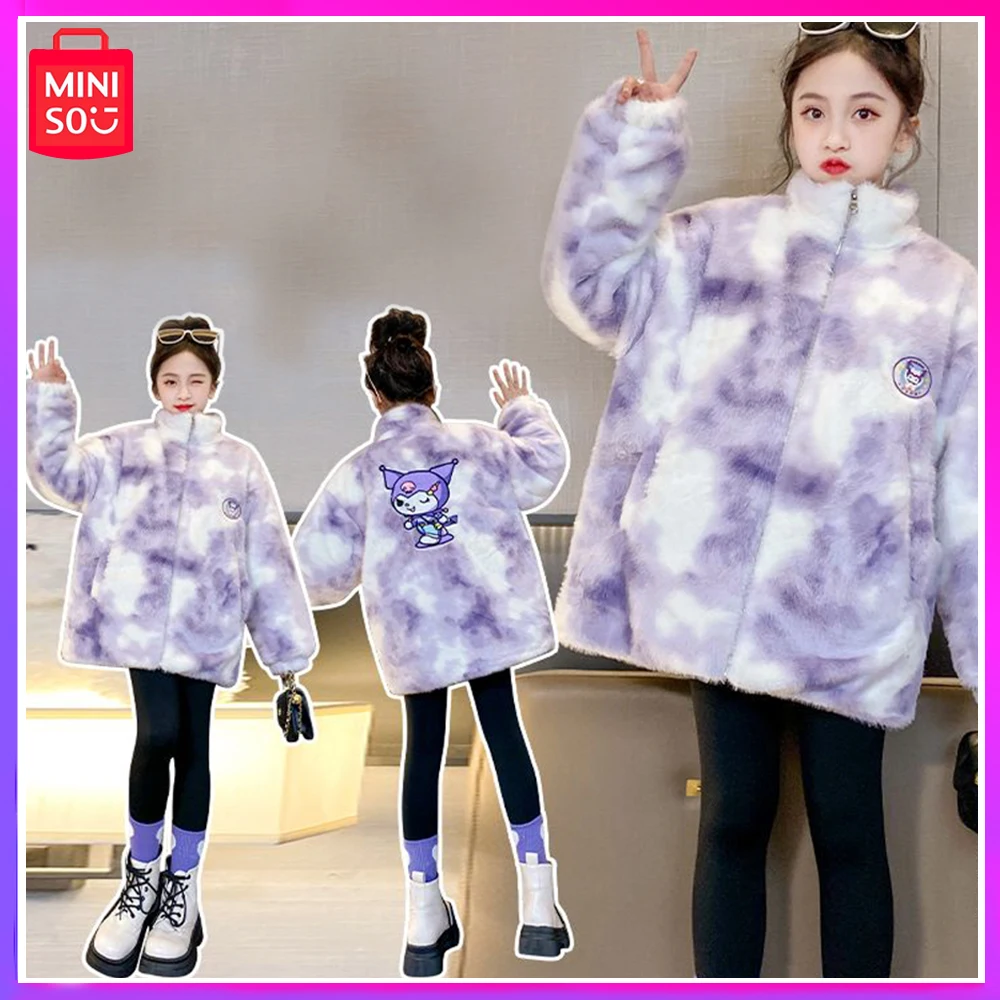 

Miniso Sanrio Kuromi осень-зима детское милое модное пальто из кроличьего меха на молнии стандартное фиолетовое Рождественский подарок для девочки