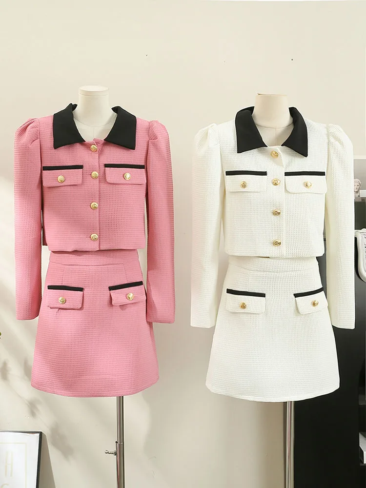 

Женский твидовый костюм из двух предметов, осенняя модная куртка + трапециевидная юбка, однобортный костюм в французском стиле на пуговицах