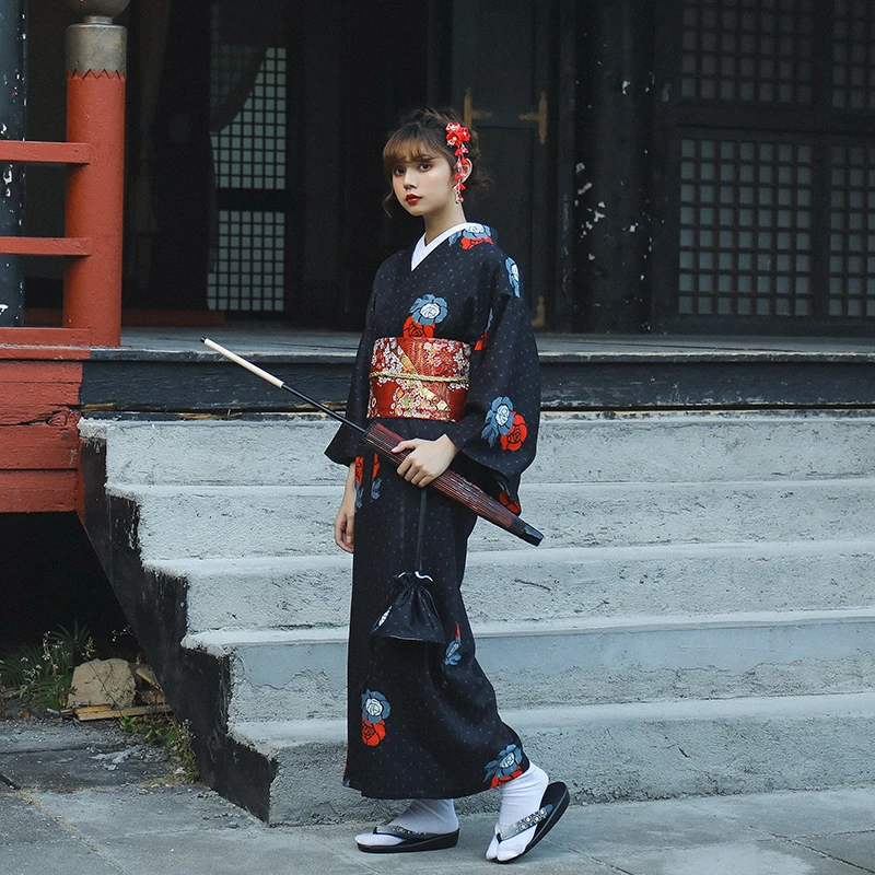 Japanese Women Original Yukata Dress Traditional Kimono Performance Dance Costumes Black Color Two Sizes