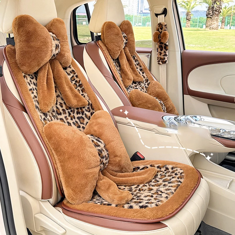 Fashion Leopard Print Car Seat Cover Soft Plush Leopard Steering Wheel Cover Winter Women Auto Interior Accessories Seat Pad