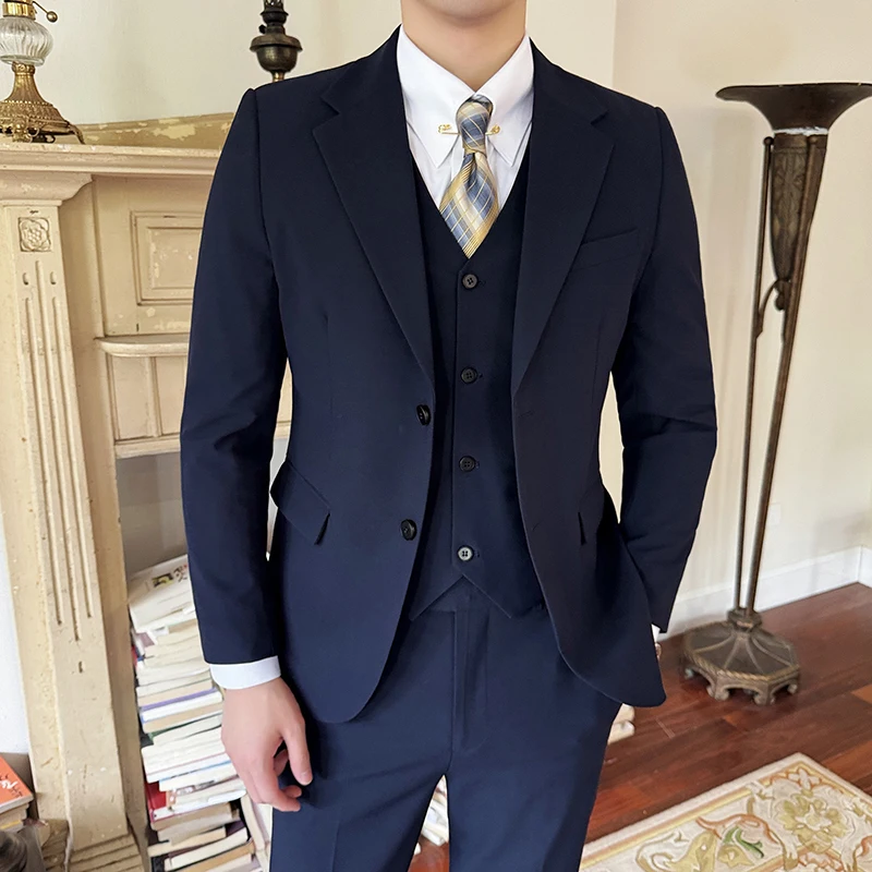 (Jacket+Vest+Pant) Luxury Men's Slim Fit Suits 3-Pcs Formal Business Work Wedding Stage Tuxedo High Quality Suit Plus Size 7XL-S
