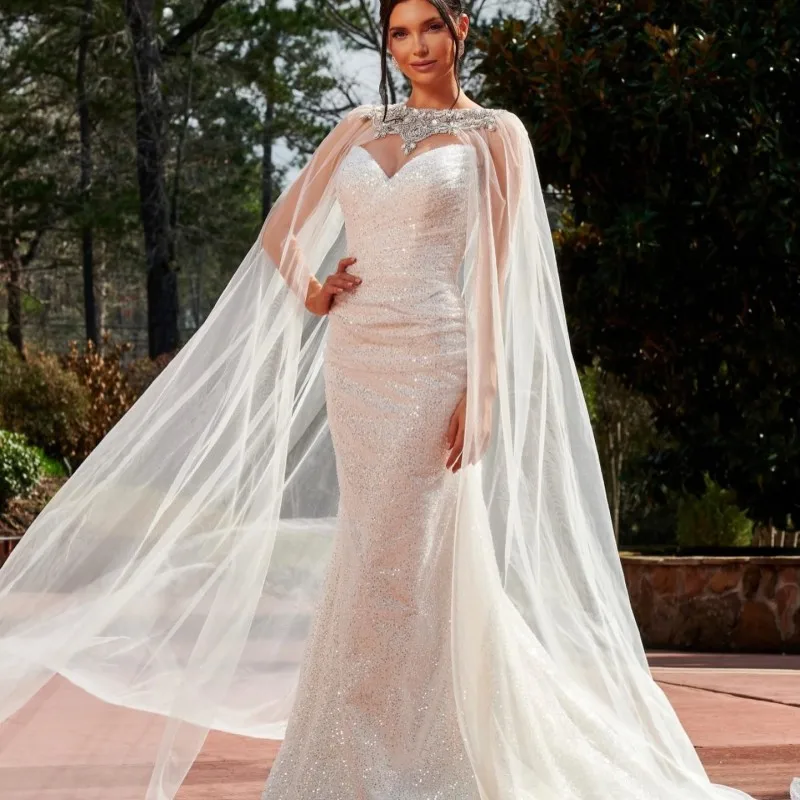 

Luxury Shiny Sequined Sweetheart Neck Beading Crystal With Tull Cape Mermaid Wedding Dress Train Princess Bridal Gown