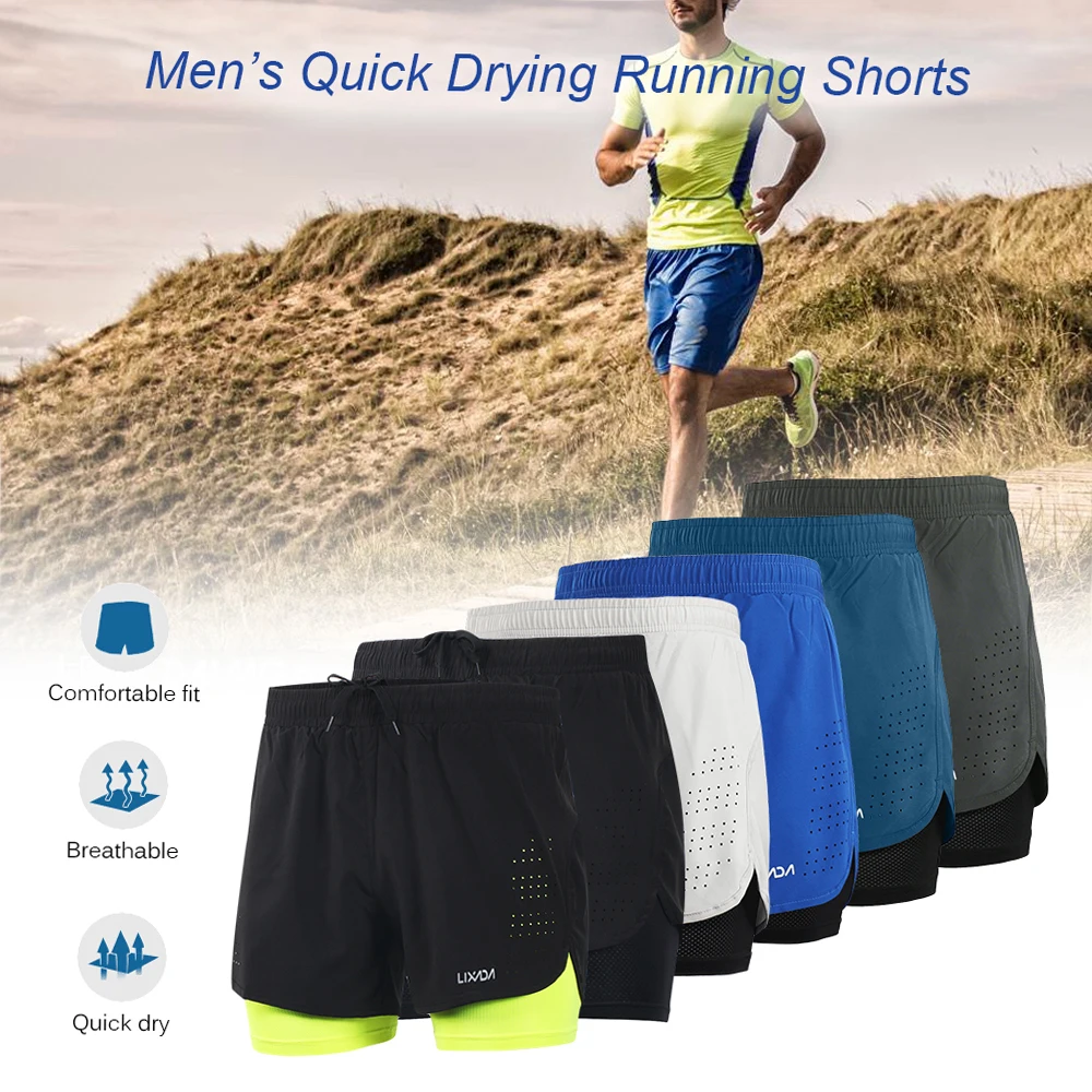 Lixada Men 2-in-1 Running Shorts Quick Drying Breathable Training Exercise Cycling Shorts with Longer Liner Running Short
