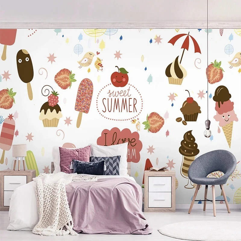 Mural 3d Pintado à Mão dos Desenhos Animados Papel de Parede Francês Ice Cream Cone para o Quarto das Crianças Sobremesa Restaurante Fundo Decoração da Parede Personalizado