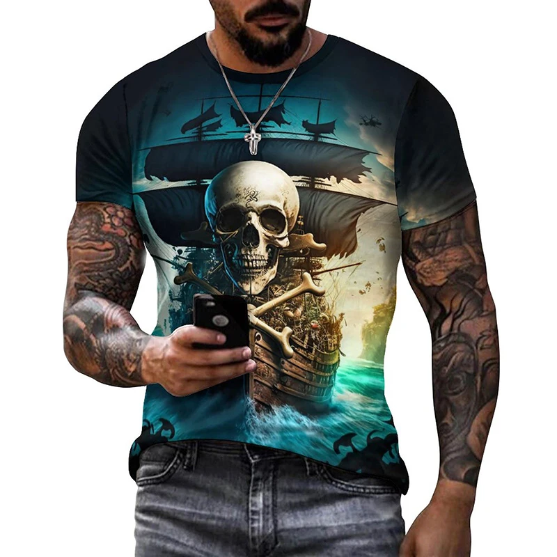 

Sail Boat 3D Print T-Shirt Punk Skull Pirate Ship Graphic T Shirts Casual Streetwear T Shirt For Men Vacation Oversized Tee Tops