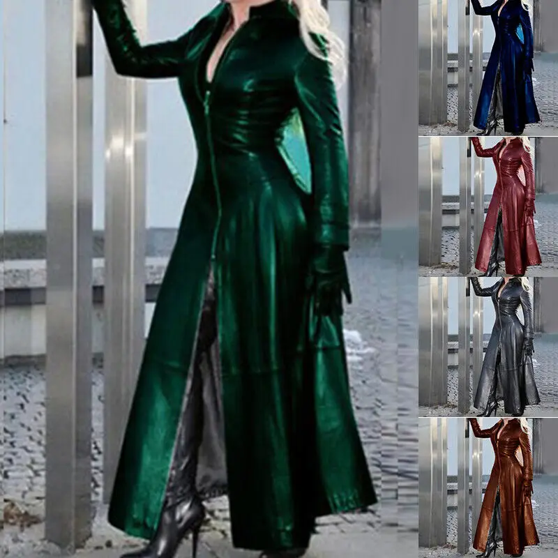 

Women's Trench Coat Polyurethane Synthetic Leather Long Jacket Women's Standing Collar Slim Motorcycle
