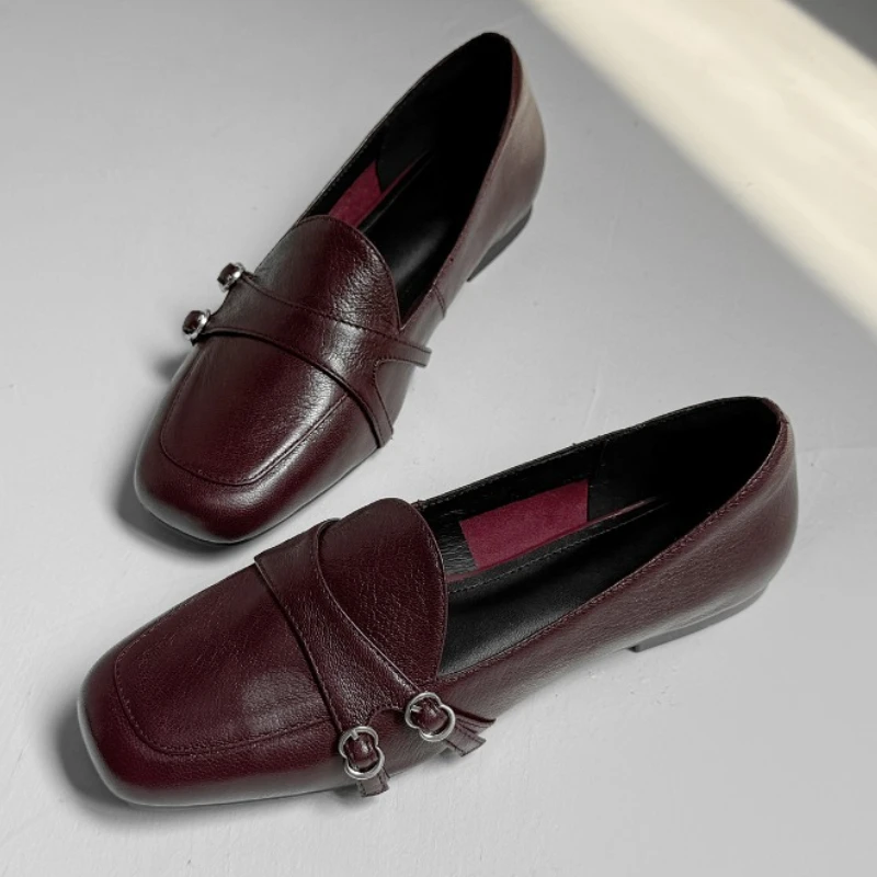 Elegant Burgundy Square Toe Loafers Women Fashion Metal