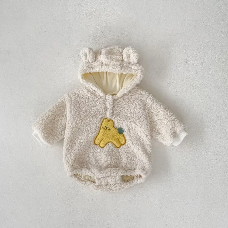 

HoneyCherry Winter Baby Girl Bubble Plush Hooded Embroidered Harbour Bodysuit Thickened Warm Bodysuit