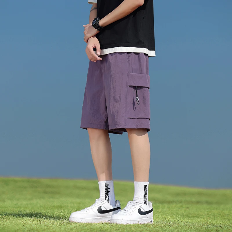 Solid Color Men's Summer Drawstring Pockets Elastic High Waisted Fashionable Clothing Sports Pants Straight Vacation Shorts