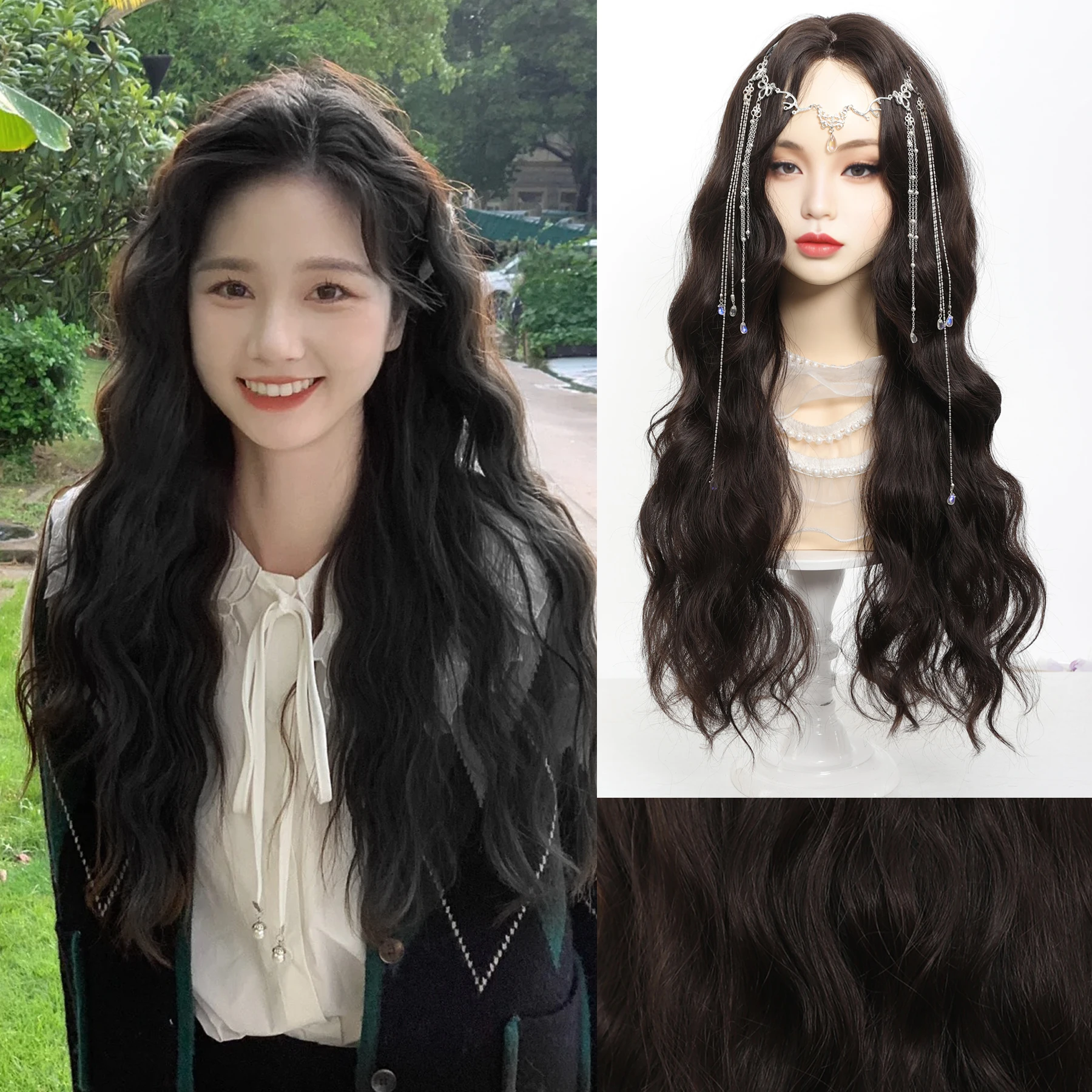 XIYUE Long Synthetic Front Lace Hair Brown Black Lace Wigs for Black Women Natural Wavy Layered Middle Part for Christmas Party