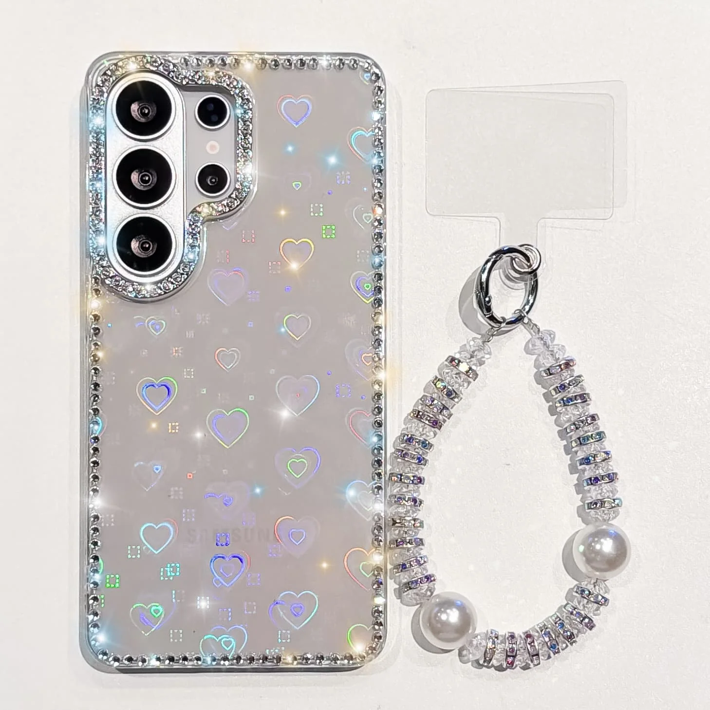 Diamond Love Heart Clear Phone Case with Crystal Strap Cover