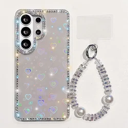 Diamond Love Heart Clear Phone Case with Crystal Strap Cover - Galaxy S26+ (IMD - 2 - Bracelet)