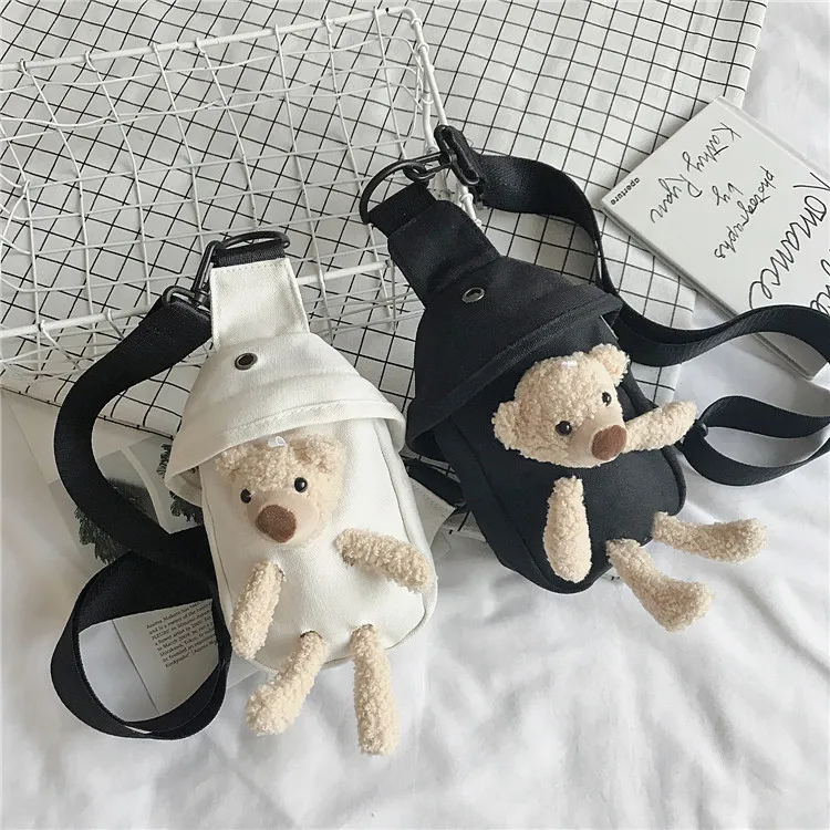 Ins Hot Cute Cartoon Canva Teddy Bear Doll Chest Bags Student