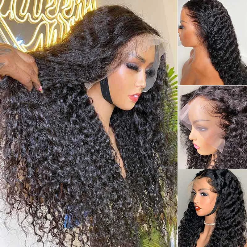 Deep Wave Transparent 13x4 Lace Frontal Wig 30 32 Inch Lace Front Brazilian 100% Human Hair Wig Deep Curly 180 Density For Women