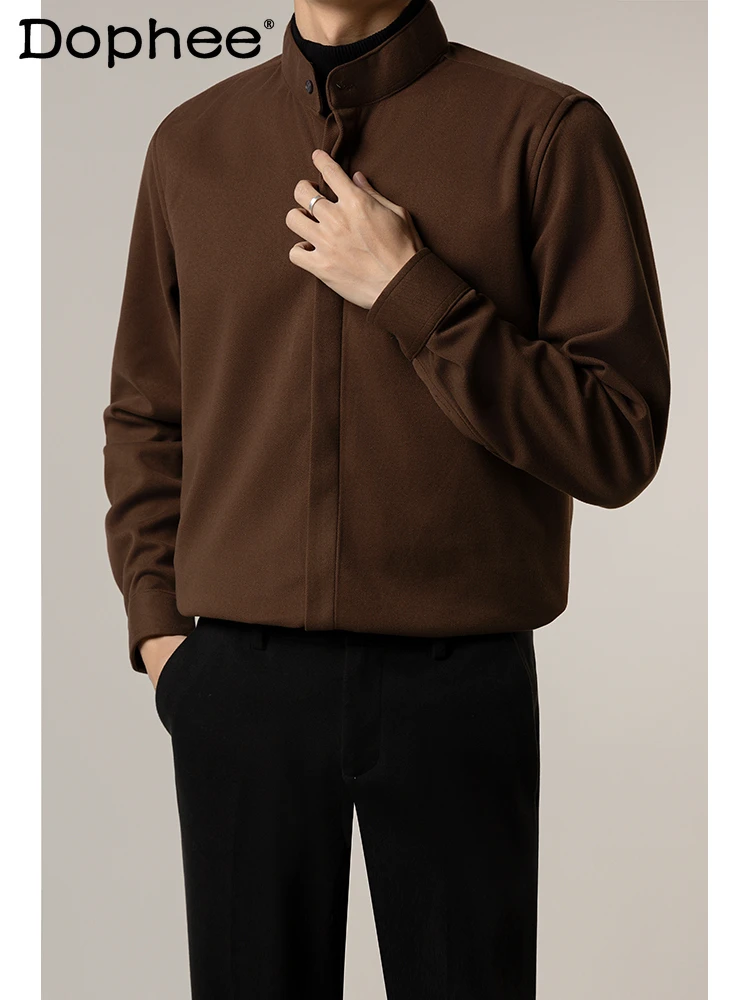 

Fashion Winter New Shirts Men's Casual Business Thickening Long Sleeves Solid Color Trendy Male Inner Wear Shirt Men Clothing